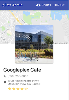 The restaurant’s star rating, photo, and GPS location come from the Places API.