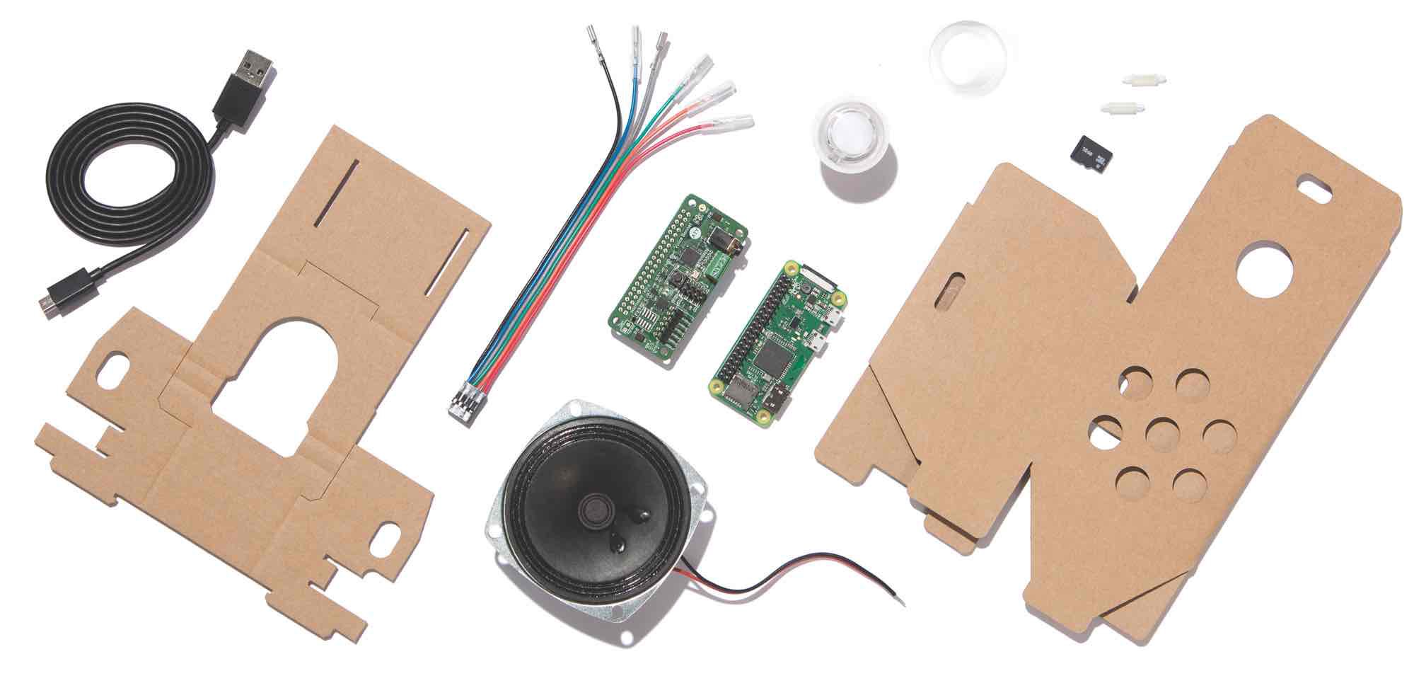 All the bits that come with the AIY Voice Kit, [https://aiyprojects.withgoogle.com/voice/#list-of-materials](https://aiyprojects.withgoogle.com/voice/#list-of-materials)