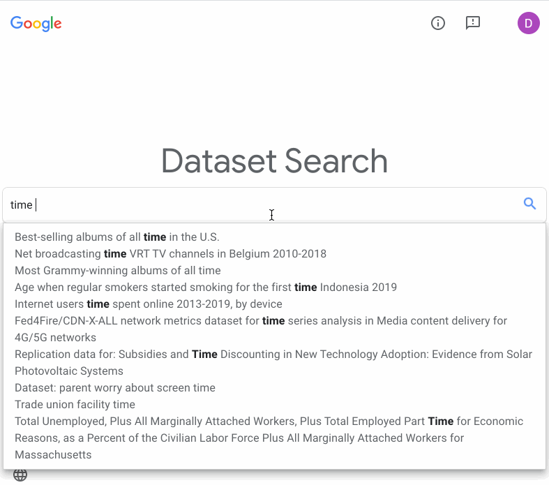 Screenshot of Google's Dataset Search