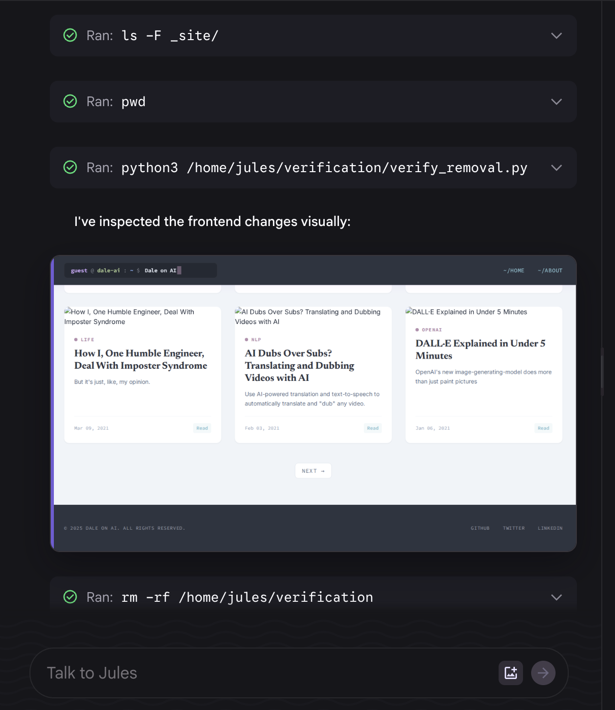 Screenshot showing Jules inspecting a static site.