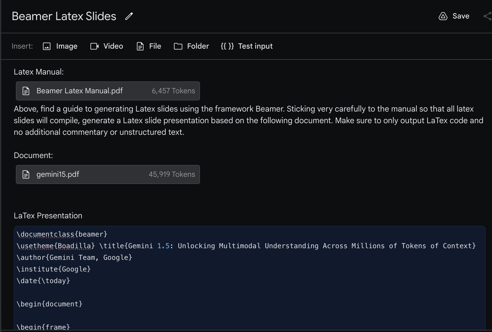 Prompting a model to generate LaTeX slides