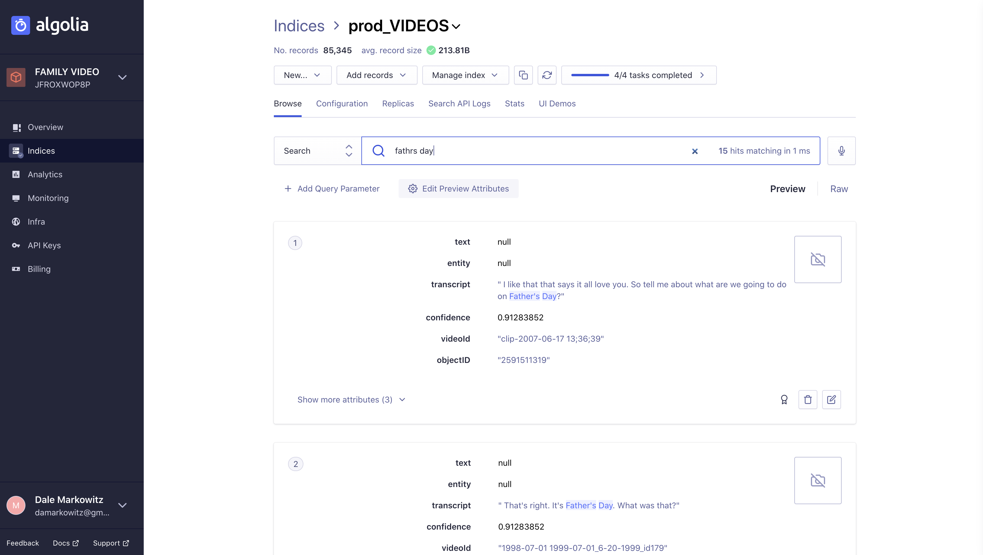 The Algolia Console A screenshot of the Algolia Search console