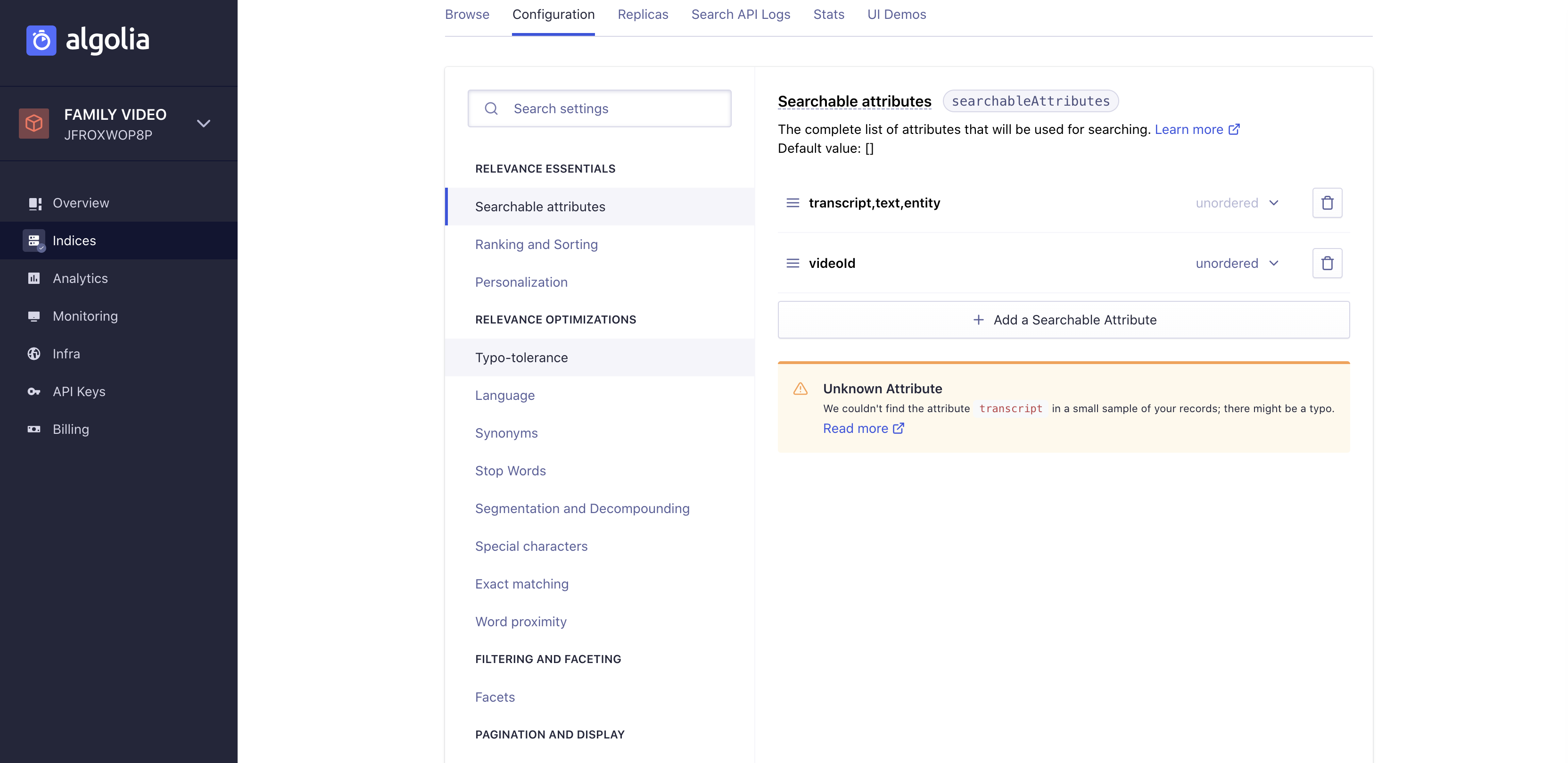 Algolia Search Configuration Options Screenshot of Algolia Search configuration screen