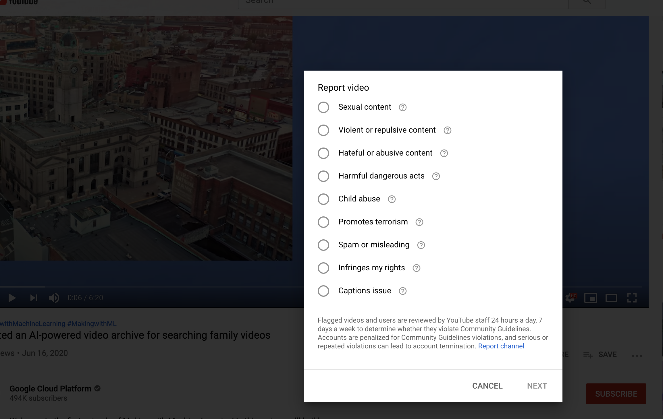 Screenshot of reporting a video on YouTube