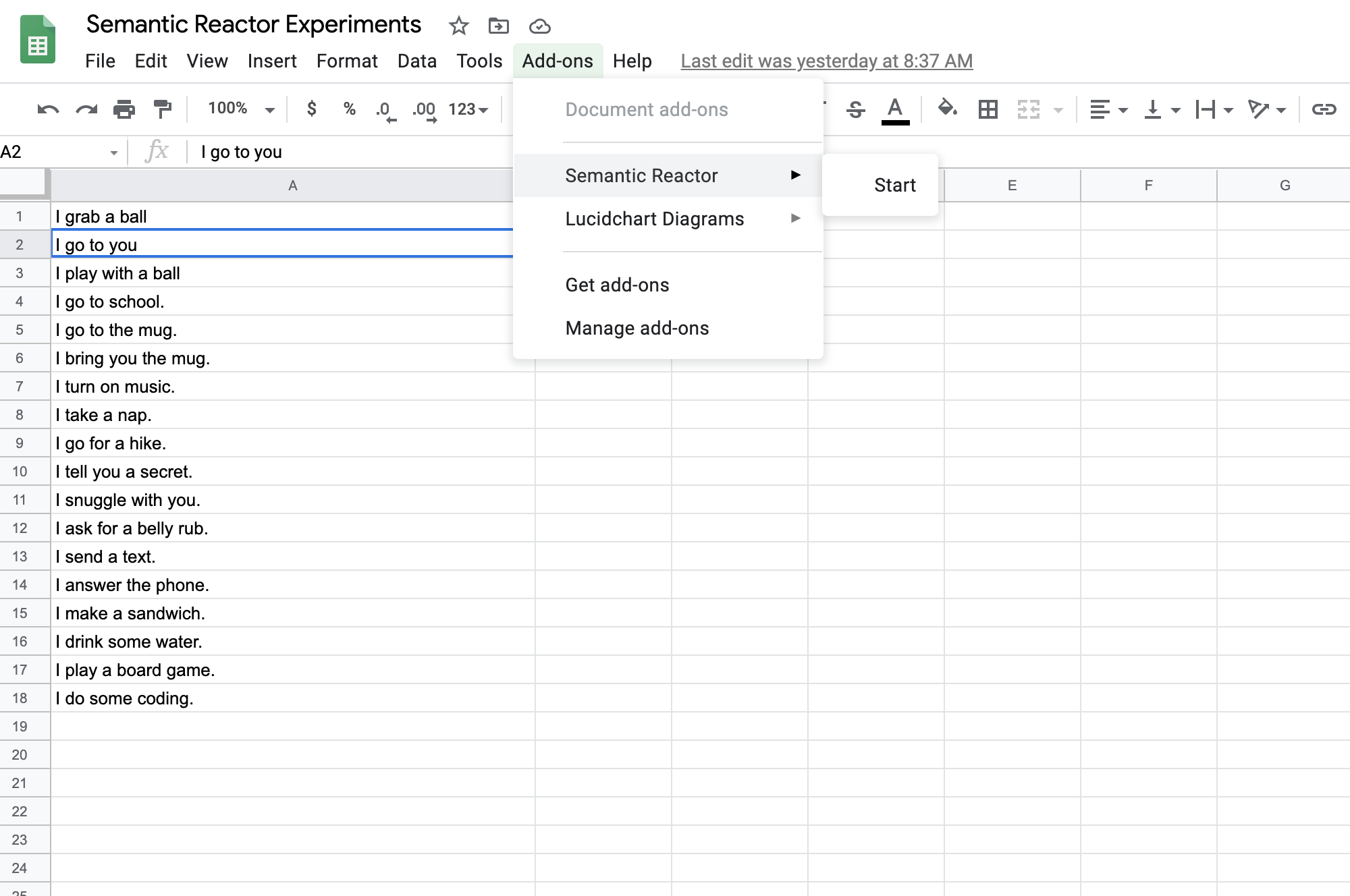 Enable Semantic Reactor in a spreadsheet A screenshot of starting Semantic Reactor