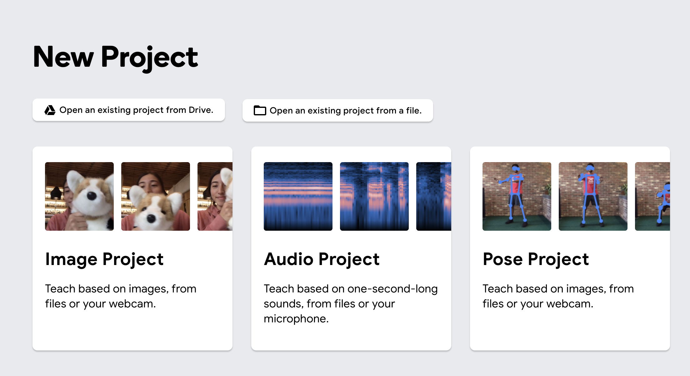 Build an image, audio, or pose model with Teachable Machine Screenshot of teachable machines UI